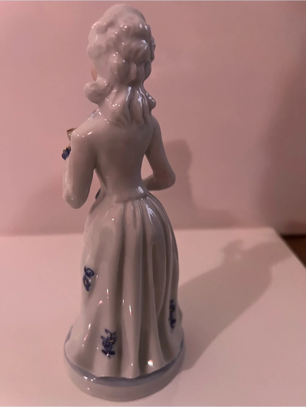 Vintage Hand-Painted Porcelain Lady Figurine in White, Blue & Gold